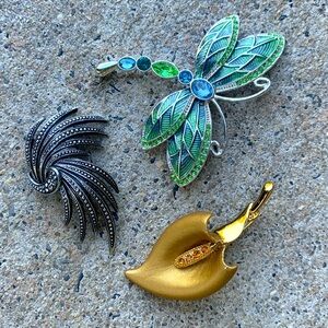Set of 3 Vintage Brooches Pins Dragonfly Peace Lily Fan